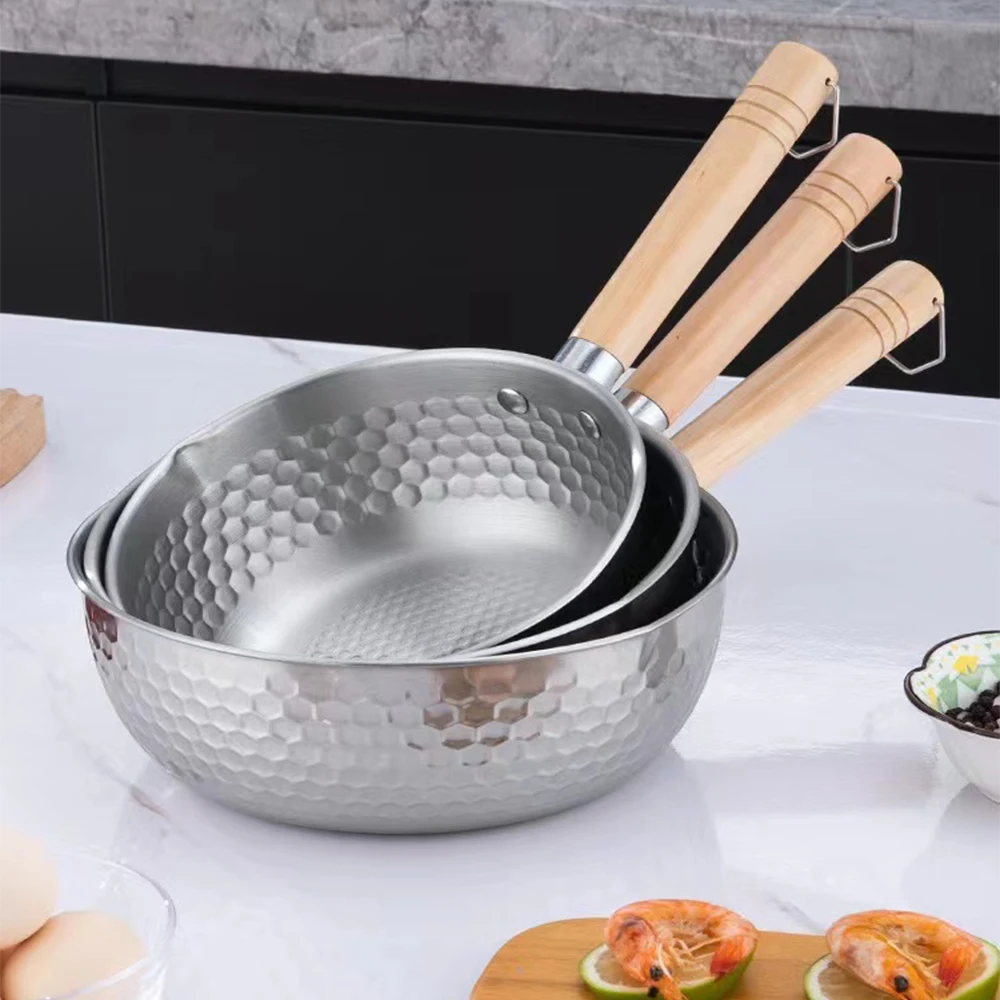Marmite en acier inoxydable 430, poêle à neige japonaise, wok, casserole à ragoût avec manche en bois, pot à lait, ustensiles de cuisine