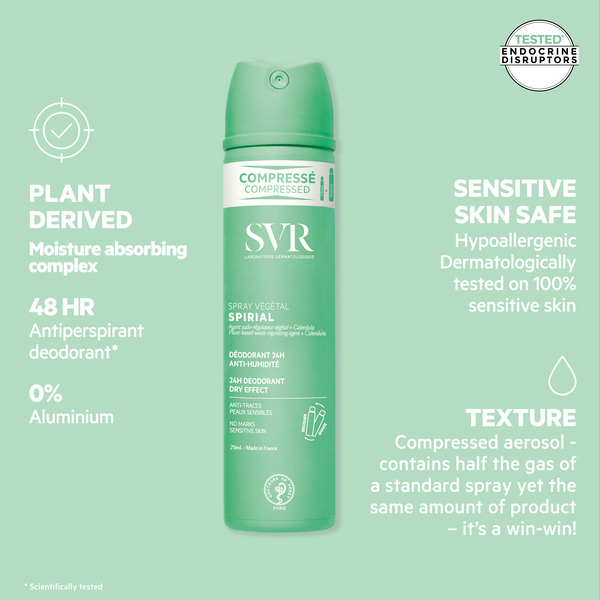 Desodorante natural comprimido SVR SPIRAL VEGETAL de 48 horas, 75 ml.