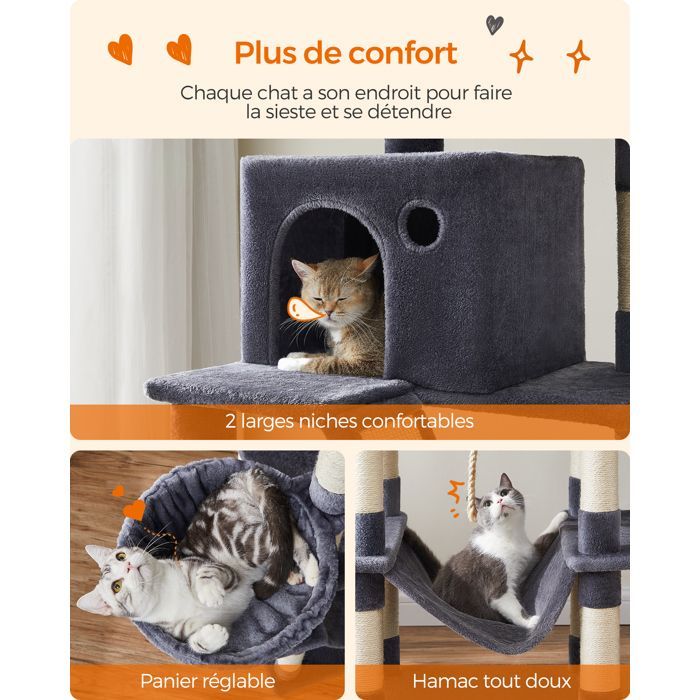 Cat Tree, 203.5 cm High, with 13 Scratching Posts, 2 Platforms, 2 Caves, Multi-Level Indoor Cat Tree, Anthracite Grey