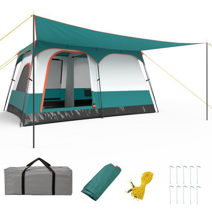 Tienda de campaña para 4-6 personas - COSTWAY - Toldo - 2 habitaciones, 2 puertas, 2 ventanas de malla, doble techo desmontable - Bolsa de transporte - Verde