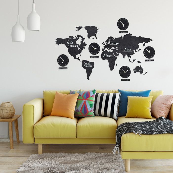 Relaxdays Mappa del mondo in legno con 5 orologi, 10 città 3D, modello di mappa della Terra, HxL 61 x 113 cm, vari colori disponibili