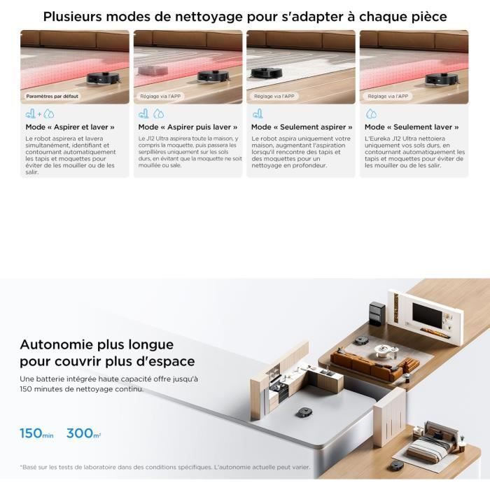 EUREKA J12 Ultra - Robot Aspirateur Laveur avec Station Automatique de Vidange - Serpillière Rotative - Double LiDAR Navigation