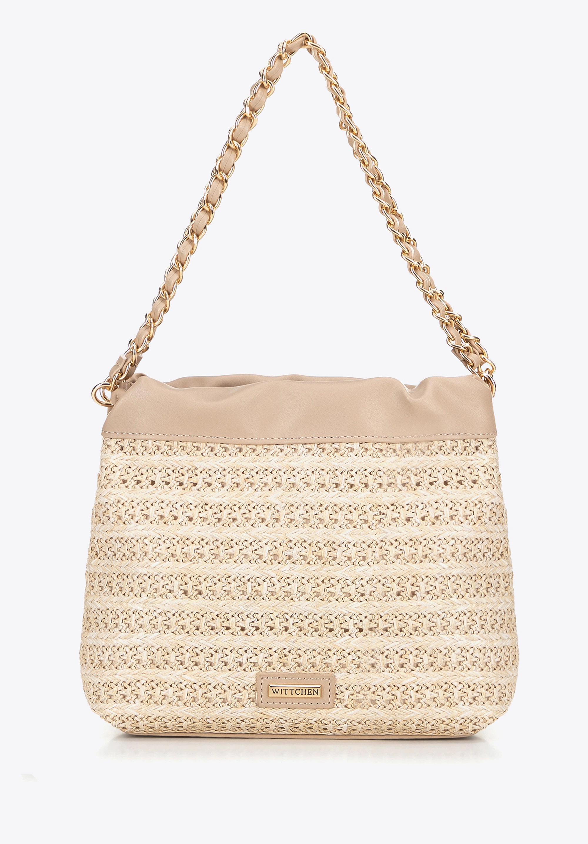 Pleciona torebka crossbody z łańcuszkami beżowa