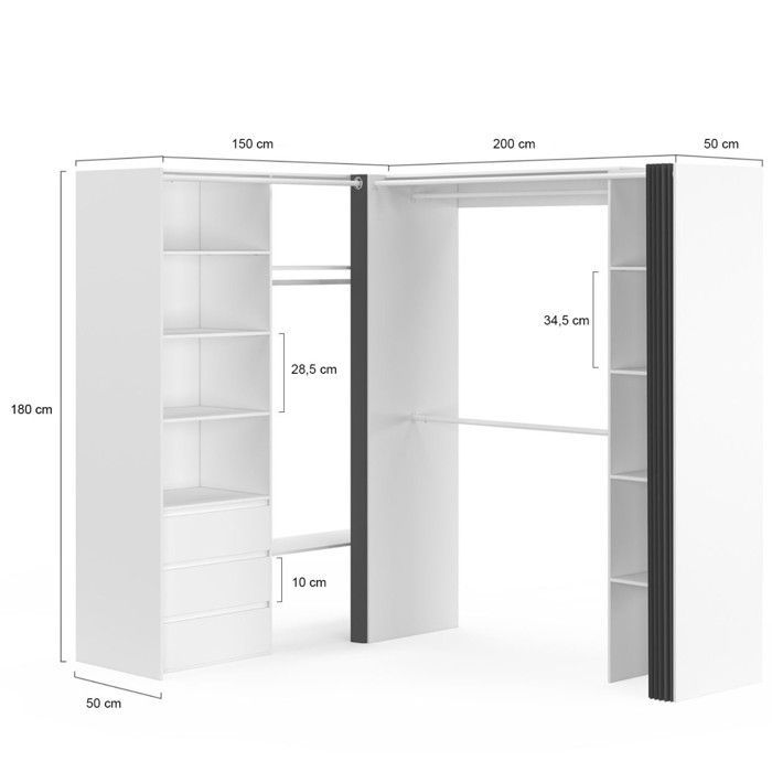 IDMARKET Dressing extensible d'angle MARLON 200 x 150 x 180 cm blanc avec penderies + tiroirs + étagères + rideaux gris