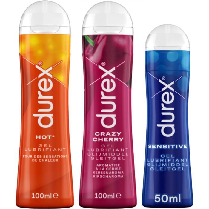 Durex - Lot De 3 Gels Lubrifiants Intimes - Hot Chauffant 100ml - Crazy Cherry Comestible 100ml - Sensitive Confort 50ml