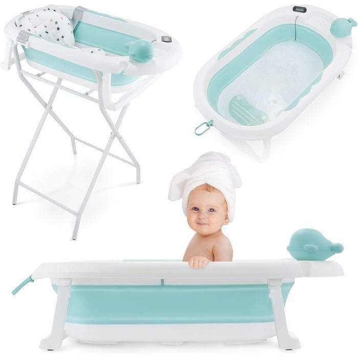 Baignoire bébé pliable - Moby-System - Holly - Thermomètre LCD - Coussin doux - Support métallique