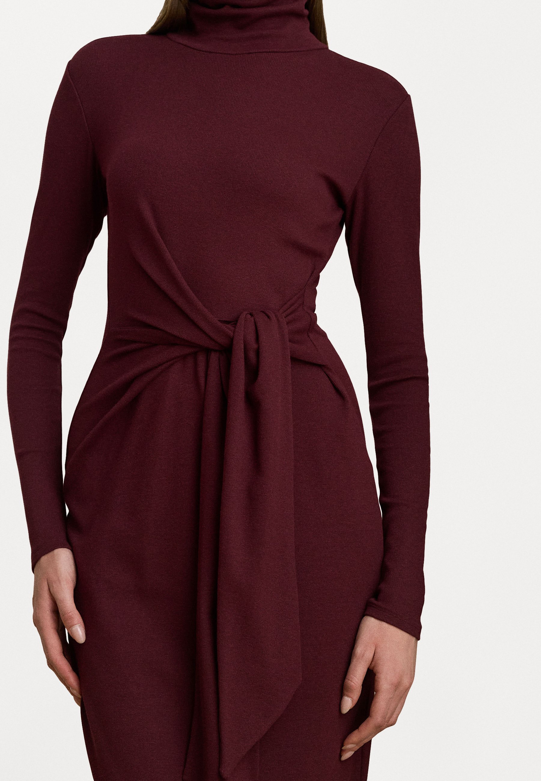 Lauren Ralph Lauren Petite Kleid mit Bindeband vorne und Rollkragen - Tageskleid - Dunkelgranatrot
