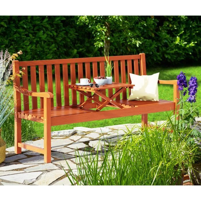 Banco de jardín de madera de eucalipto para 3 personas con tablero retráctil certificado FSC®.