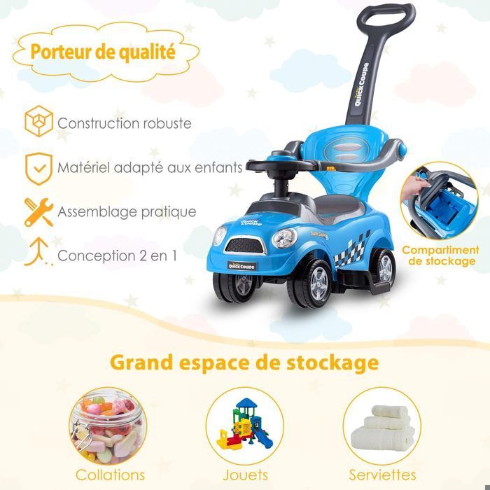 Porteur Enfant 3 en 1 DREAMADE Voiture à Pousser avec Poignée Amovibles, Volant, Klaxon, Espace de Rangement, Bleu