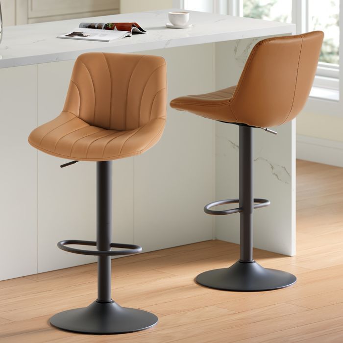 Adjustable Bar Stools, Stools with Backrest, 360° Swivel, PU Leather, for Kitchen, Dining Room, Set of 2, Brown