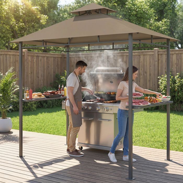 Gazebo da esterno per barbecue - Outsunny - Doppio tetto, 2 ripiani laterali - Struttura in metallo - 245x146x255 cm - Marrone