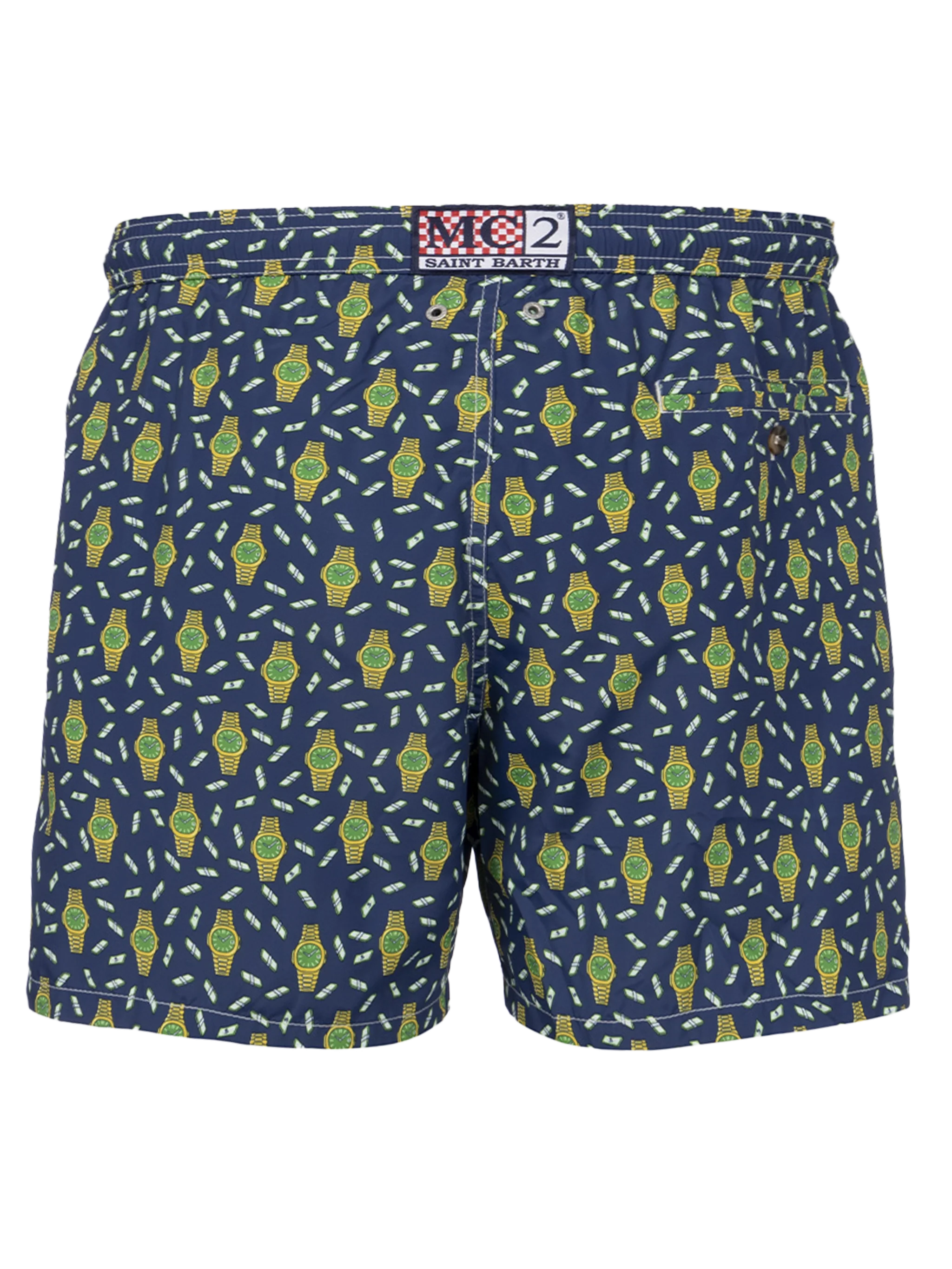 Man Lighting Mid-Length Swim Shorts with Watches Print | Blue | Quick-Drying, Elasticized & Adjustable Waist, Back Patch Pocket | MC2 Saint Barth