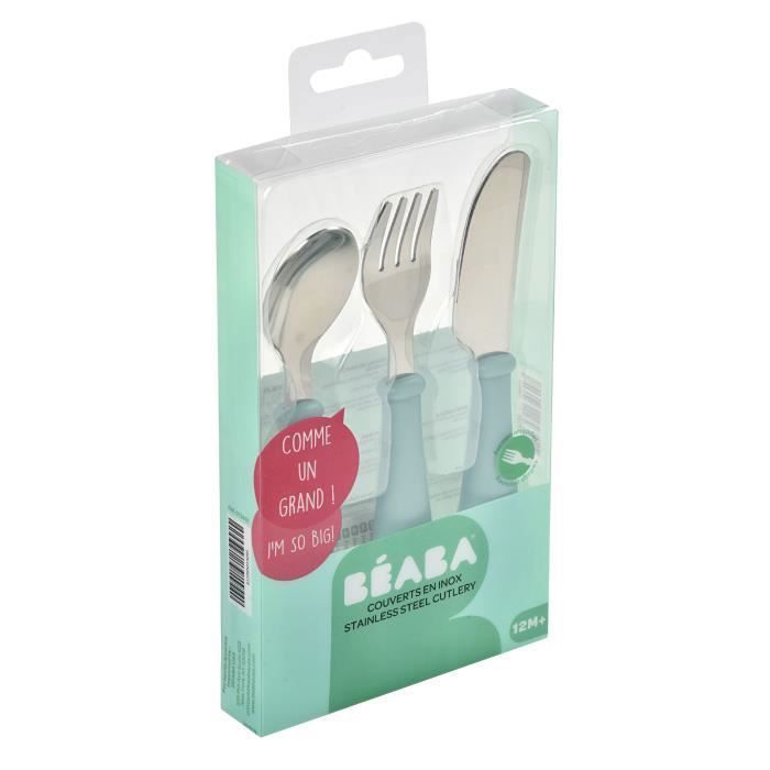 BEABA, Set di 3 posate in acciaio inox, verde chiaro