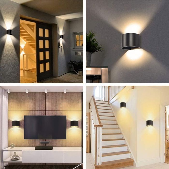 Aplique de pared SMOTOP - LED de 12 W - Aluminio negro - 2 casquillos E27, luz blanca cálida