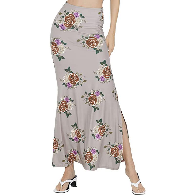 Gonna lunga maxi da donna con risvolto, vita alta elasticizzata e spacchi laterali