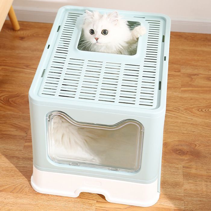 VIVOLILV Bac à Litière,Pelle incluse,Maison de toilette pour chat Pliable,ChatEntrée Avant et Sortie supérieure, 51x41x38,Bleu