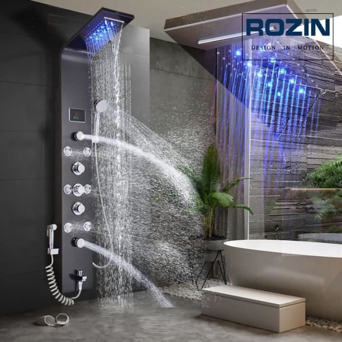 Columna de ducha de hidromasaje JULLYBATHEVY - Chorro de masaje SPA - Luz LED - Panel de ducha de 6 funciones - NEGRO