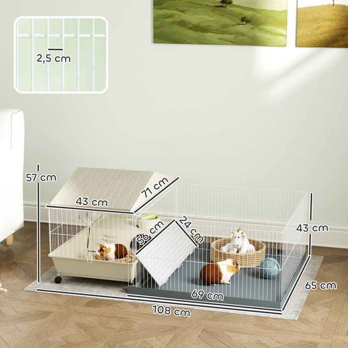 Gabbia per piccoli animali - PawHut - con recinto rimovibile, tappetino impermeabile, mangiatoia per fieno - per porcellini d'India, ricci - beige