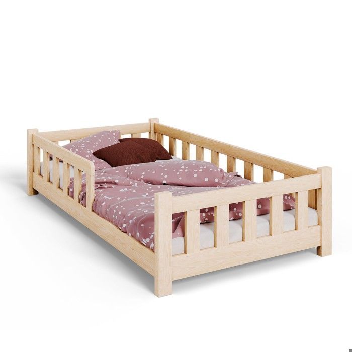 Cama infantil Montessori PINI de 80x160 cm en madera natural con barandilla de seguridad — Base de lamas, madera maciza de pino