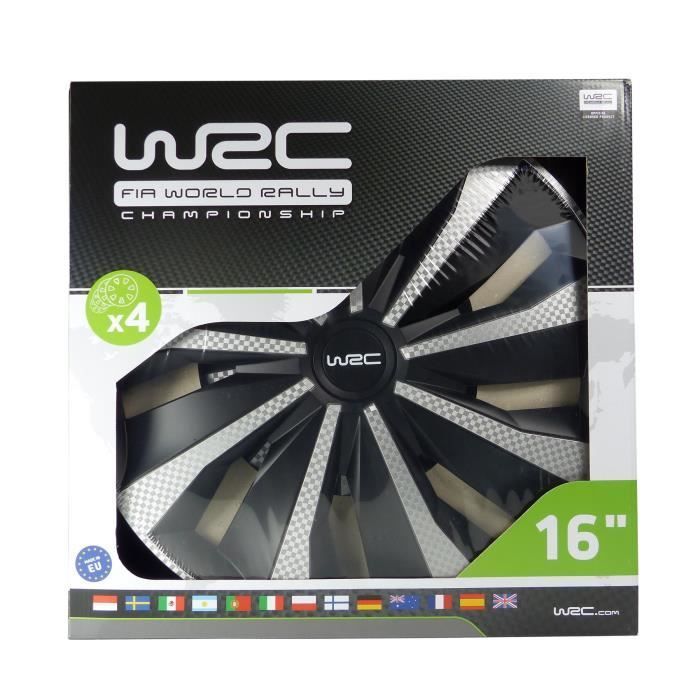 Juego de 4 embellecedores de rueda de 16 pulgadas - WRC - Estilo bicolor negro y carbono - Fácil instalación