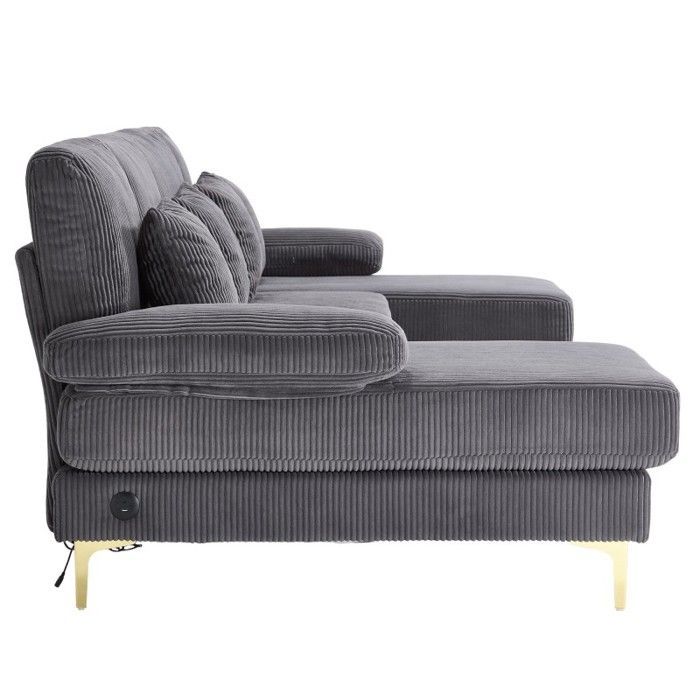 Canapé en U - LANGTU - Relaxation - Velours gris - LED d'ambiance & USB-C - Bois massif 4 places