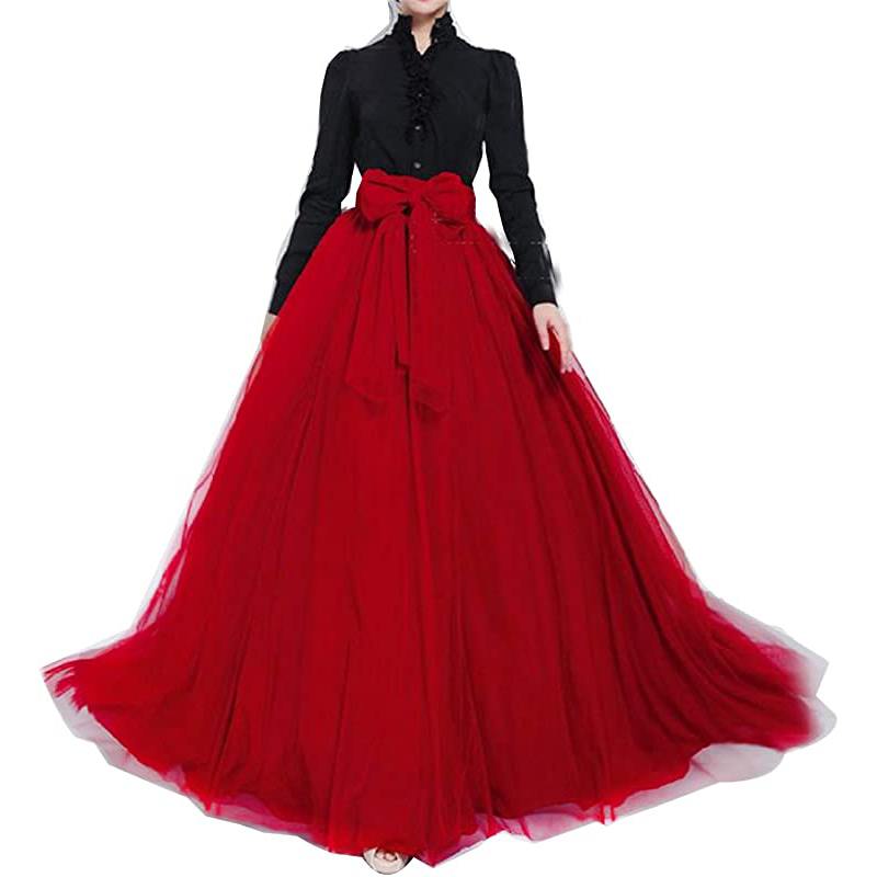 Jupe longue maxi bouffante en tulle pour femme, coupe trapèze, ceinture à nœud papillon, taille haute, idéale pour une soirée de mariage.