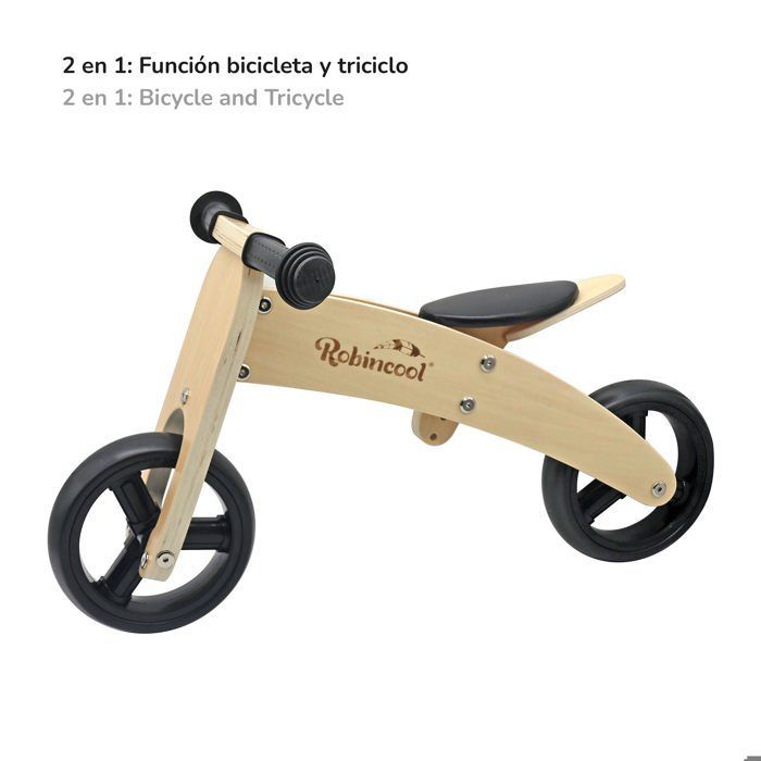 Robincool Fast Wheels Montessori loopfiets 63x32x36 cm, om te bouwen tot een driewieler, milieuvriendelijk, hout, kleur naturel en zwart.