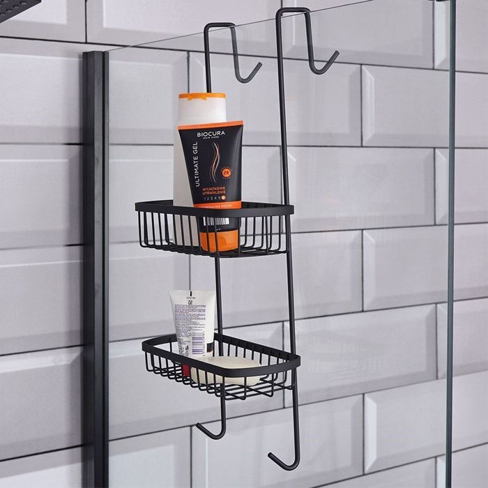 VILDE Shower Shelf - Durable Black Metal - Easy Installation - No Drilling Required - 22x19x54.5 cm