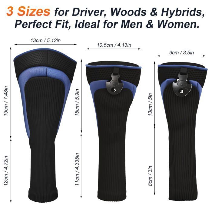 Couvre-clubs de golf pour bois de parcours, driver et hybride, avec étiquettes numérotées interchangeables et col en maille longue,m
