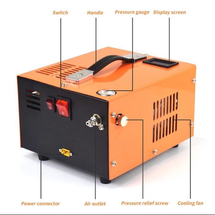Portable PCP Compressor 4500 PSI / 30Mbar, Dual Power Supply 12V DC and 220V 300W 68L/min, Built-in Fan, Display