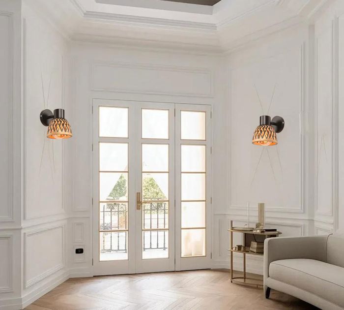 iDEGU Applique Murale Intérieur Industriel,Lampe Murale Vintage en Bambou et Métal Design Cage Luminaire Réglable pour Couloir