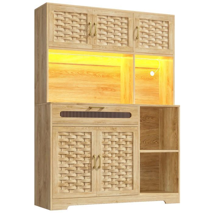 Versatile kitchen sideboard - MODERNLUXE - 137x45x178 cm - 2 doors - 3 drawers - 8 shelves - LED lighting - Natural