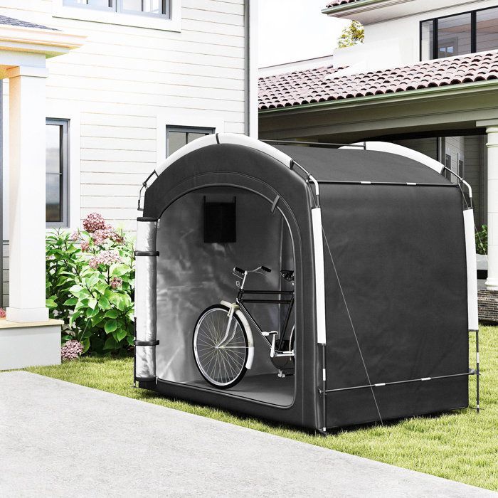 Tenda portatile per biciclette Outsunny, per 3-4 biciclette, con 2 tasche laterali, 220 x 150 x 195 cm, nera.
