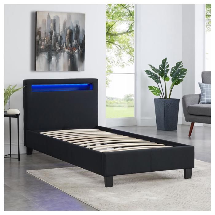 Cama individual LED de 90x190 cm con somier de láminas, cabecero confortable, tapizada en tela negra, MOLINA
