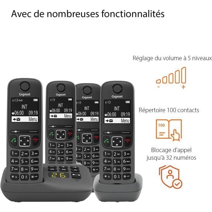 Teléfono inalámbrico DECT - GIGASET - A695A - 4 terminales - Contestador automático integrado - Pantalla de alto contraste