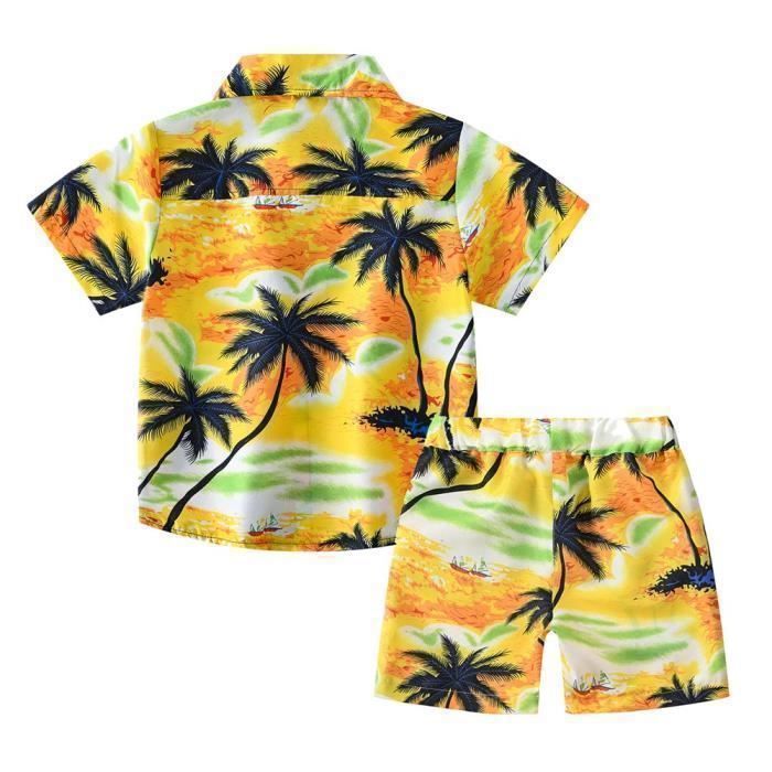 Short-Sleeved Hawaiian Shirt and Beach Shorts Set with Elastic Waist, 2-Piece Summer Outfit for Boys - Yellow
