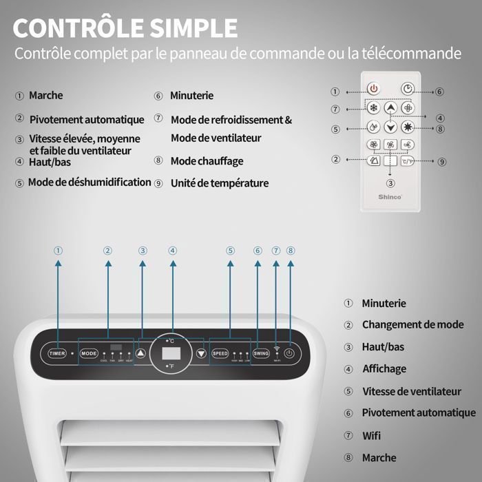 SHINCO Climatiseur Mobile Wifi 12000 BTU, Eco R290, 3,5 kW, 4 en 1 Refroidissement, Chauffage, ventilateur, Déshumidificateur