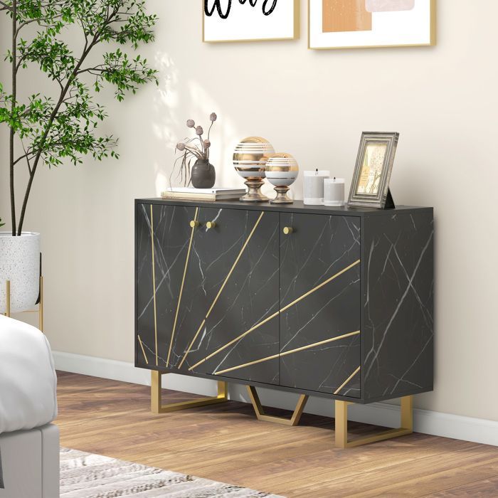 Meuble de rangement HOMCOM buffet salon avec 2 placards 3 portes et étagère réglable, pieds en métal, aspect marbre noir