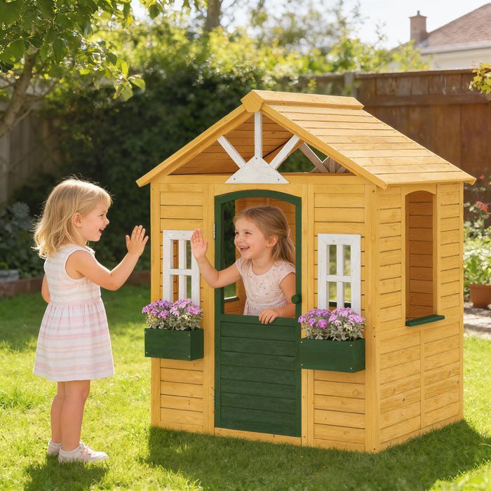 Houten buitenspeelhuisje voor kinderen, met deur, ramen en 2 bloembakken, 134,5 x 97 x 150 cm, bruin