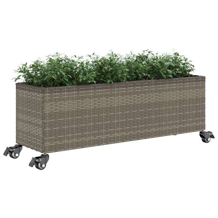 vidaXL Jardinière et roulettes/3 pots gris 107x32x38 cm résine tressée, jardinière d'extérieur, bac à fleurs, bac à tomates, 366421