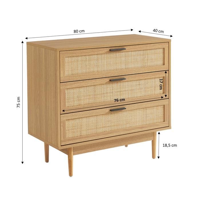 Commode AMANA effet chêne et cannage rotin 3 tiroirs 80cm - Bois