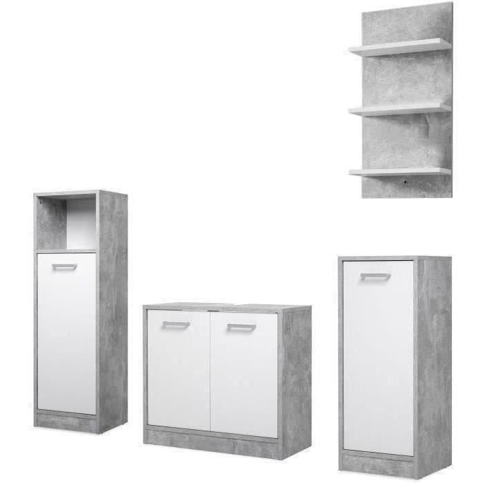 Complete bathroom set - White and concrete grey - 1 vanity unit + 1 shelf + 2 base cabinets - MADEIRA