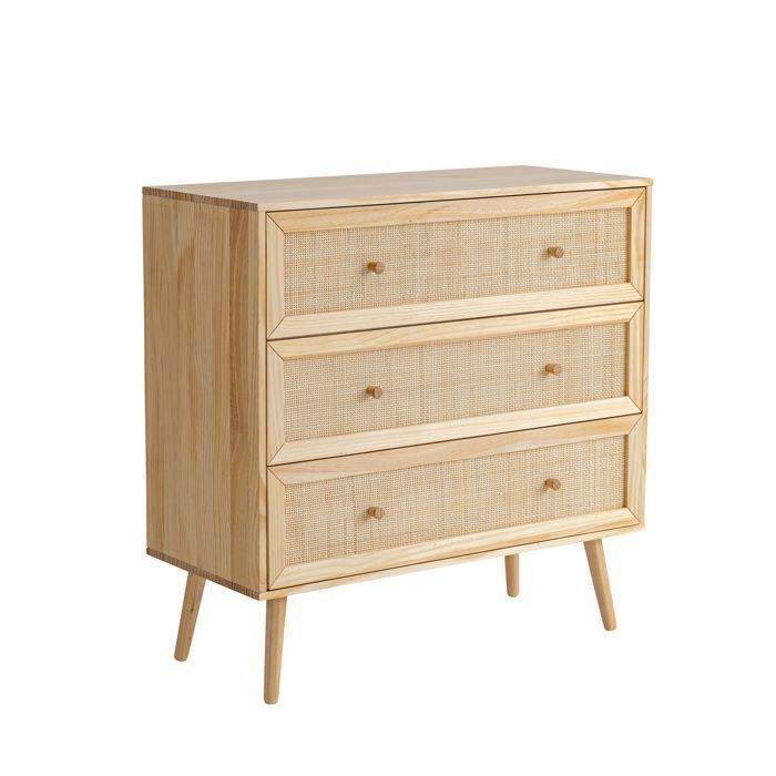 Chambre complète lit cannage avec commode et 2 chevets bois naturel 140x190 ANNA - Bois naturel - Terre de Nuit