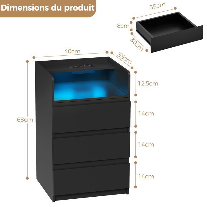 Lot de 2 Table de Chevet 40×35×68cm, 3 Tiroirs, 2 USB Ports et 2 Prises, LED Réglable, Moderne, Scandinave, Noir