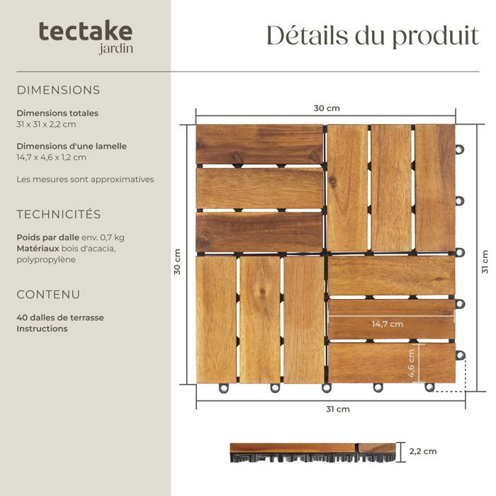 Dalles de terrasse - TECTAKE - Dalles extérieures TABULA clipsables en bois d'acacia 31 x 31 x 2,2 cm - 40 pièces