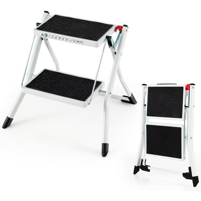 Escalera plegable de 2 peldaños COSTWAY, estructura metálica resistente, pedal antideslizante, 50 x 49 x 45 cm, capacidad de 150 kg, negro + blanco