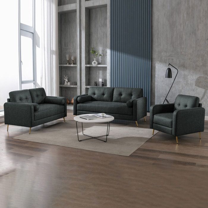 Set of 2 sofas + armchair in anthracite microfiber - GLIMAR