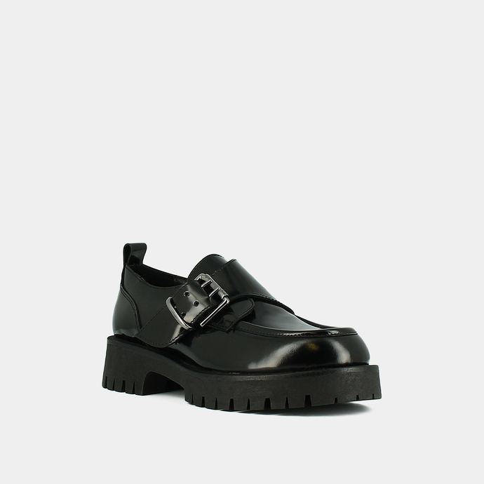 Derbies à talons plats, boucles et coutures apparentes  en cuir glacé noir