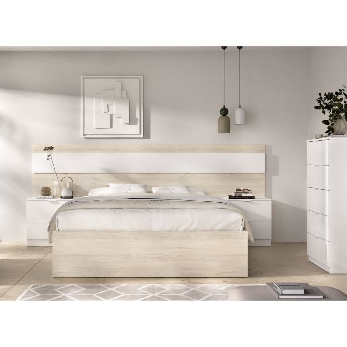 Cama de casal NIZA com mesas de cabeceira integradas - 140 x 190 cm - Carvalho natural / Branco