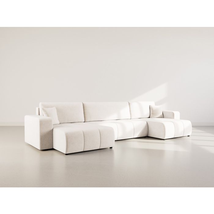 Nicole - Divano letto panoramico a forma di U a 7 posti con contenitore, in tessuto - Beige